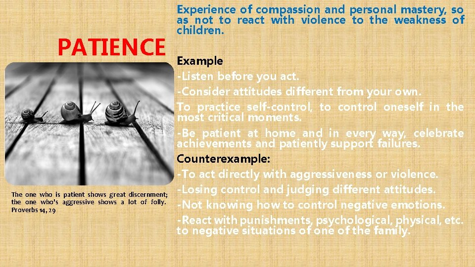 PATIENCE The one who is patient shows great discernment; the one who's aggressive shows