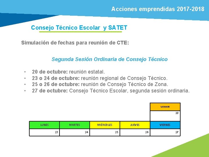 Acciones emprendidas 2017 -2018 Consejo Técnico Escolar y SATET Simulación de fechas para reunión