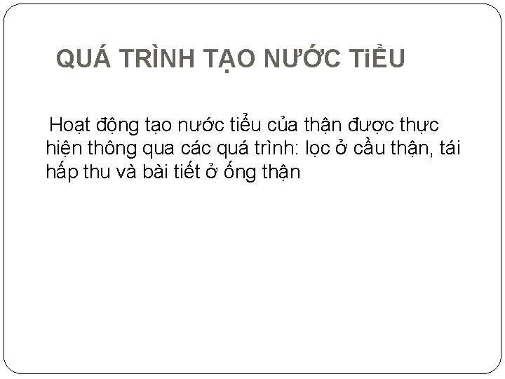 QUÁ TRÌNH TẠO NƯỚC TiỂU Hoạt động tạo nước tiểu của thận được thực