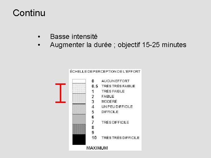 Continu • • Basse intensité Augmenter la durée ; objectif 15 -25 minutes 