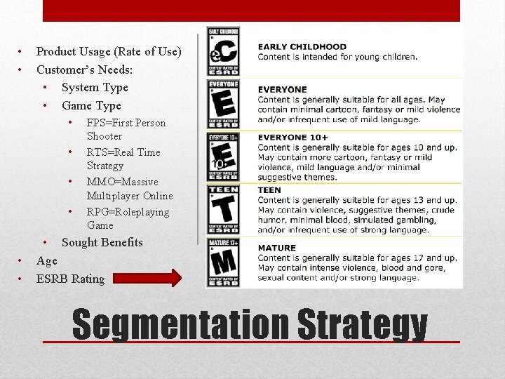  • • Product Usage (Rate of Use) Customer’s Needs: • System Type •