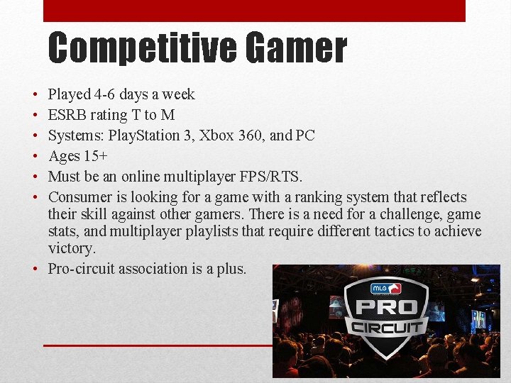 Competitive Gamer • • • Played 4 -6 days a week ESRB rating T