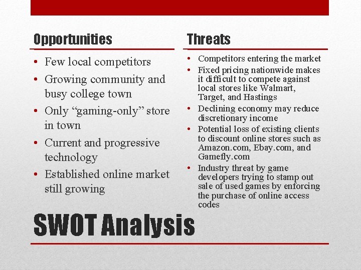 Opportunities Threats • Few local competitors • Growing community and busy college town •