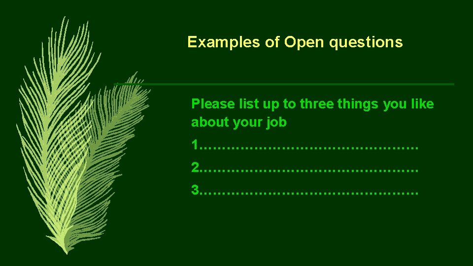 Examples of Open questions Please list up to three things you like about your