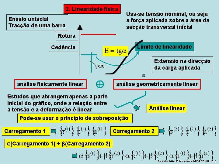 2. Linearidade física Ensaio uniaxial Tracção de uma barra Usa-se tensão nominal, ou seja