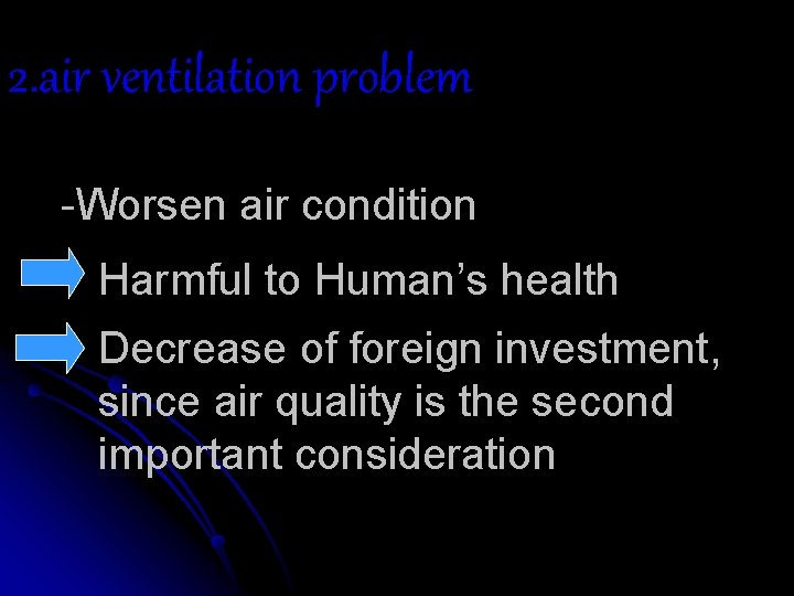 2. air ventilation problem -Worsen air condition Harmful to Human’s health Decrease of foreign 2. air ventilation problem -Worsen air condition Harmful to Human’s health Decrease of foreign