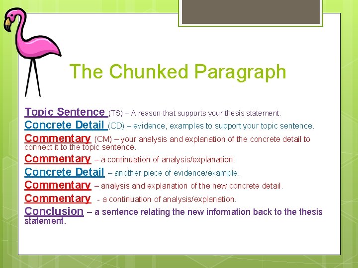 The Chunked Paragraph Topic Sentence (TS) – A reason that supports your thesis statement.