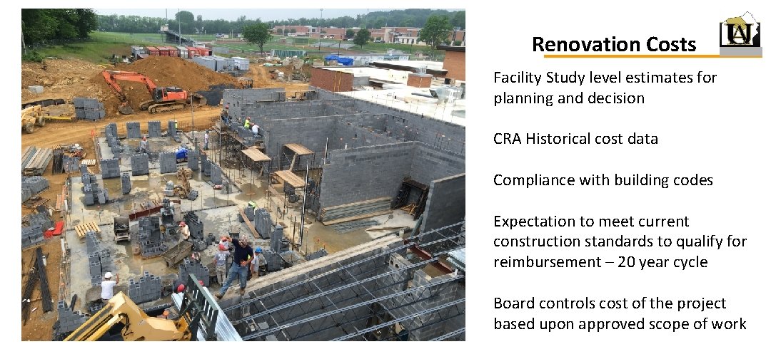 Renovation Costs Facility Study level estimates for planning and decision CRA Historical cost data