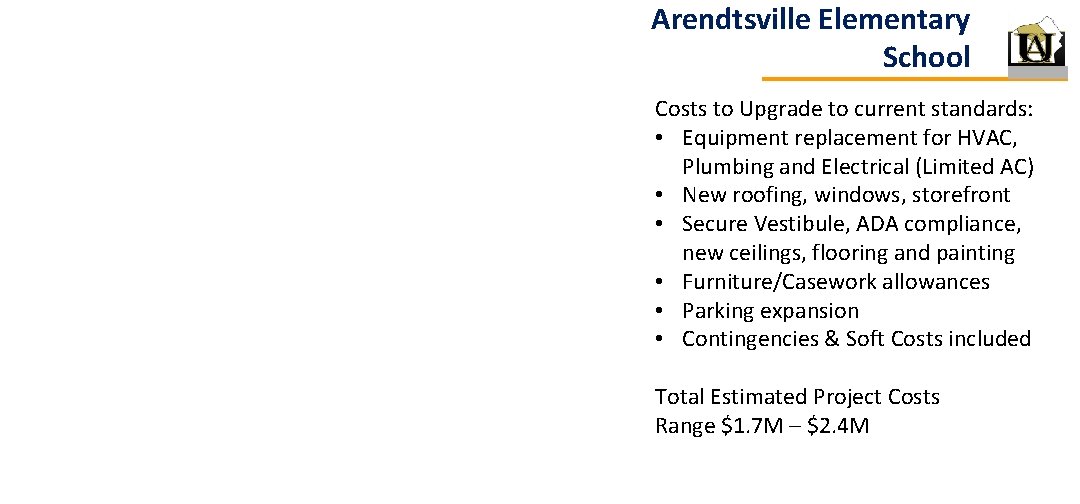 Arendtsville Elementary School Costs to Upgrade to current standards: • Equipment replacement for HVAC,