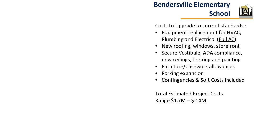 Bendersville Elementary School Costs to Upgrade to current standards : • Equipment replacement for