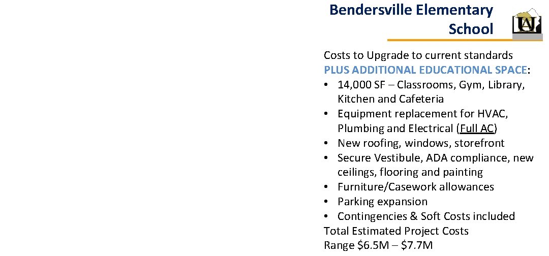 Bendersville Elementary School Costs to Upgrade to current standards PLUS ADDITIONAL EDUCATIONAL SPACE: •