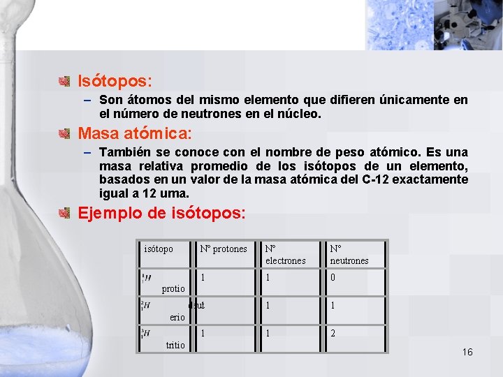 Isótopos: – Son átomos del mismo elemento que difieren únicamente en el número de Isótopos: – Son átomos del mismo elemento que difieren únicamente en el número de