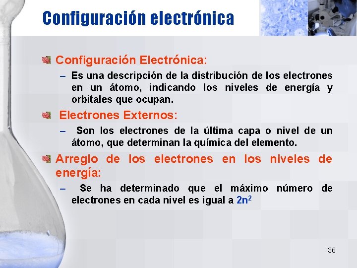 Configuración electrónica Configuración Electrónica: – Es una descripción de la distribución de los electrones Configuración electrónica Configuración Electrónica: – Es una descripción de la distribución de los electrones