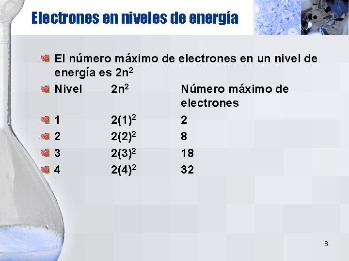 Electrones en niveles de energía El número máximo de electrones en un nivel de Electrones en niveles de energía El número máximo de electrones en un nivel de