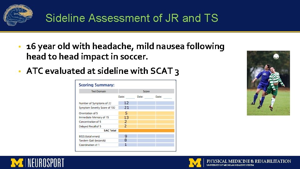 Sideline Assessment of JR and TS • 16 year old with headache, mild nausea
