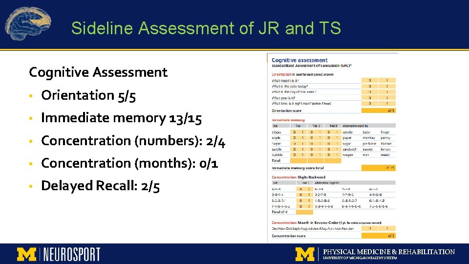 Sideline Assessment of JR and TS Cognitive Assessment • Orientation 5/5 • Immediate memory
