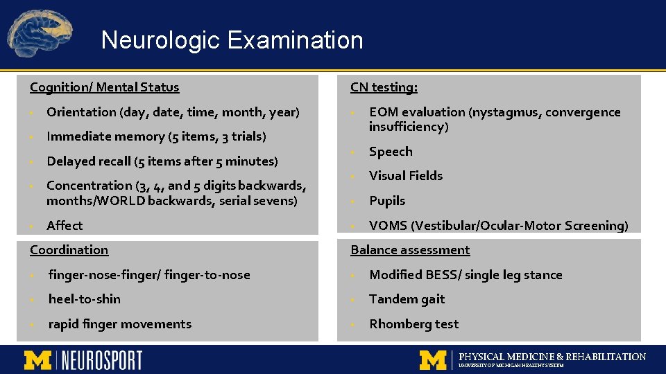 Neurologic Examination Cognition/ Mental Status • Orientation (day, date, time, month, year) • Immediate