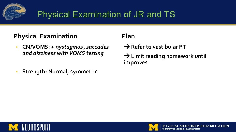 Physical Examination of JR and TS Physical Examination • • CN/VOMS: + nystagmus, saccades