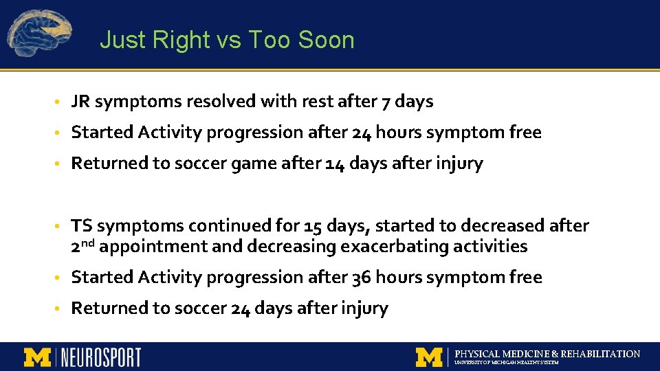 Just Right vs Too Soon • JR symptoms resolved with rest after 7 days