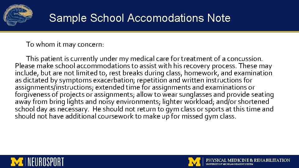 Sample School Accomodations Note To whom it may concern: This patient is currently under