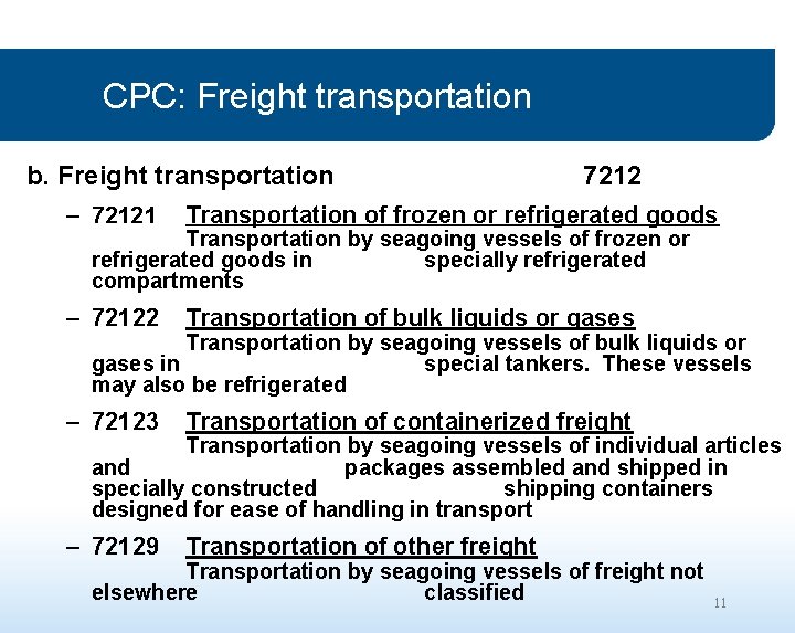 CPC: Freight transportation b. Freight transportation 7212 – 72121 Transportation of frozen or refrigerated