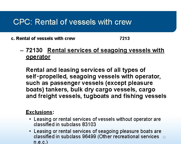 CPC: Rental of vessels with crew c. Rental of vessels with crew 7213 –
