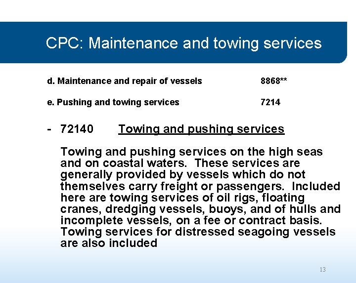 CPC: Maintenance and towing services d. Maintenance and repair of vessels 8868** e. Pushing