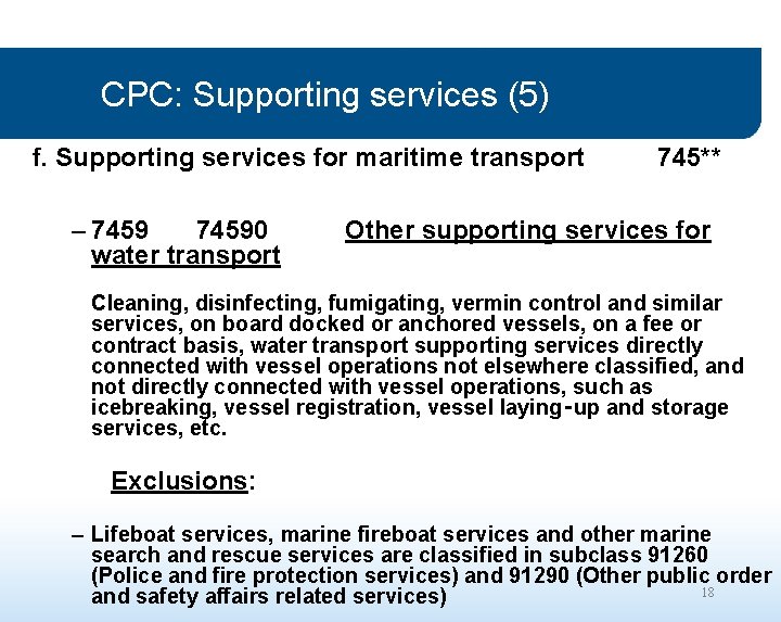 CPC: Supporting services (5) f. Supporting services for maritime transport – 74590 water transport