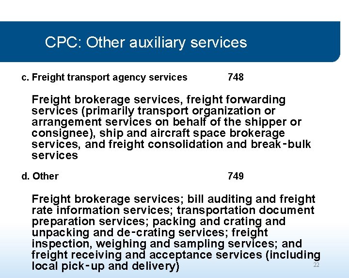 CPC: Other auxiliary services c. Freight transport agency services 748 Freight brokerage services, freight