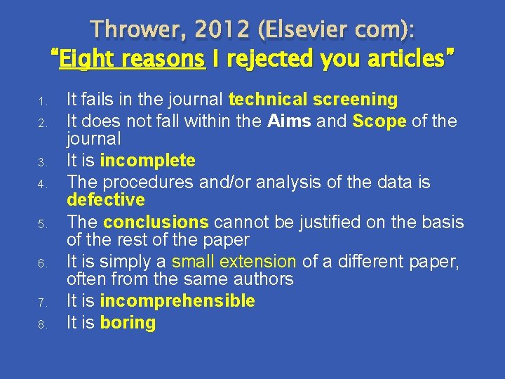 Thrower, 2012 (Elsevier com): “Eight reasons I rejected you articles” 1. 2. 3. 4.