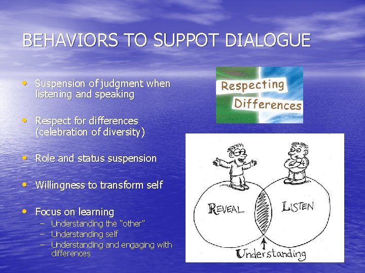 BEHAVIORS TO SUPPOT DIALOGUE • Suspension of judgment when listening and speaking • Respect