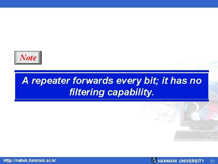 Note A repeater forwards every bit; it has no filtering capability. Http: //netwk. hannam. Note A repeater forwards every bit; it has no filtering capability. Http: //netwk. hannam.