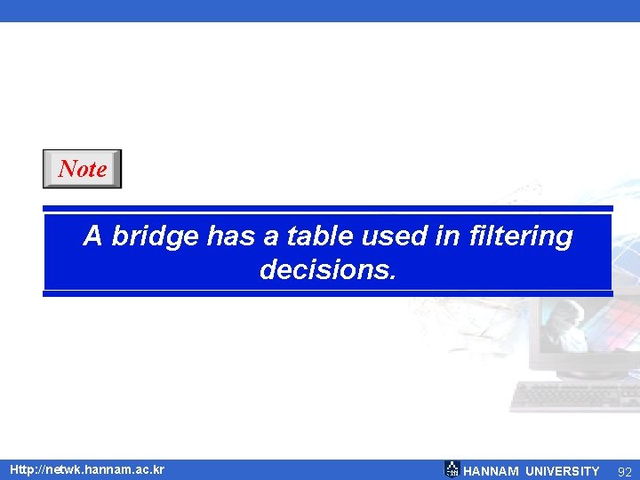 Note A bridge has a table used in filtering decisions. Http: //netwk. hannam. ac. Note A bridge has a table used in filtering decisions. Http: //netwk. hannam. ac.