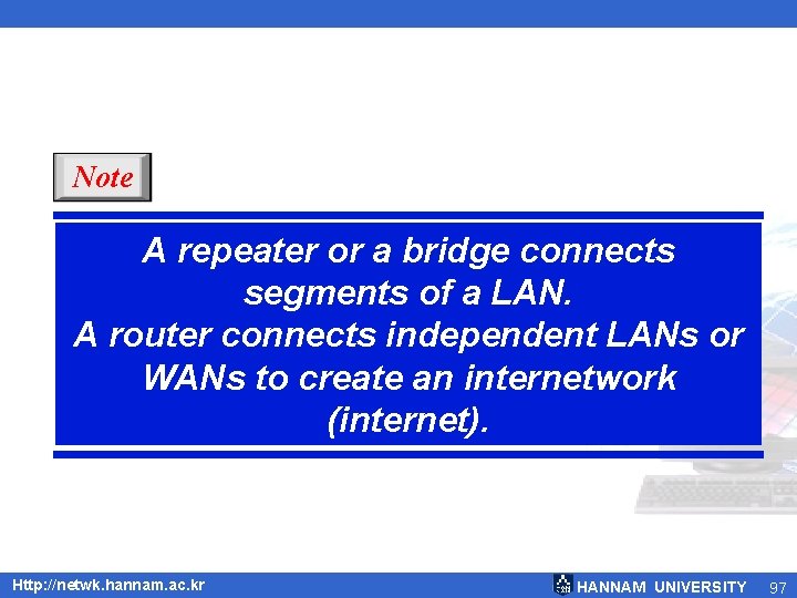 Note A repeater or a bridge connects segments of a LAN. A router connects Note A repeater or a bridge connects segments of a LAN. A router connects