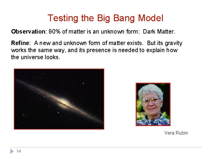 Testing the Big Bang Model Observation: 90% of matter is an unknown form: Dark