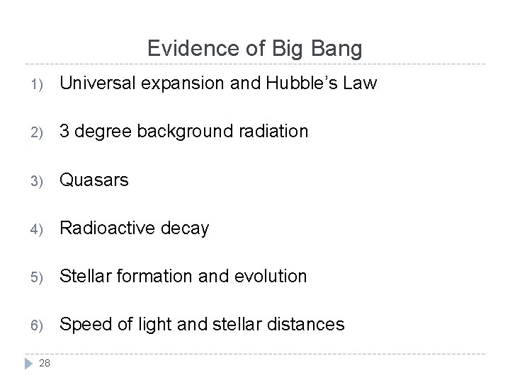 Evidence of Big Bang 1) Universal expansion and Hubble’s Law 2) 3 degree background