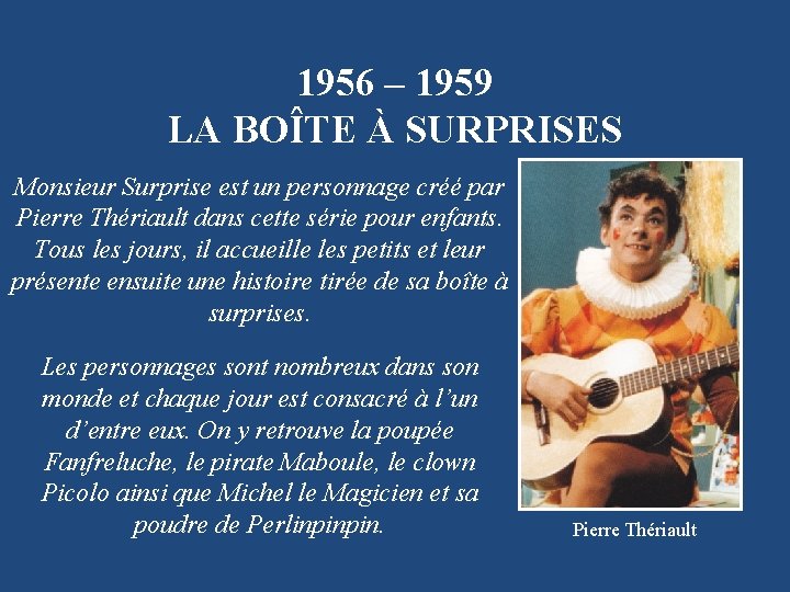 1956 – 1959 LA BOÎTE À SURPRISES Monsieur Surprise est un personnage créé par