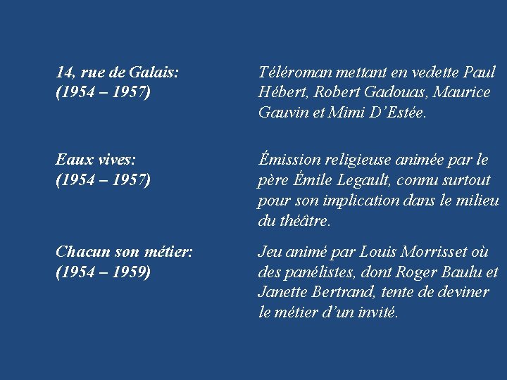 14, rue de Galais: (1954 – 1957) Téléroman mettant en vedette Paul Hébert, Robert