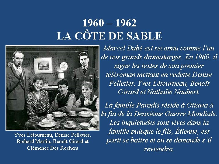 1960 – 1962 LA CÔTE DE SABLE Marcel Dubé est reconnu comme l’un de