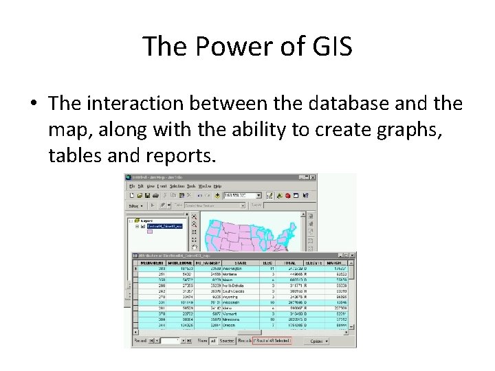 The Power of GIS • The interaction between the database and the map, along