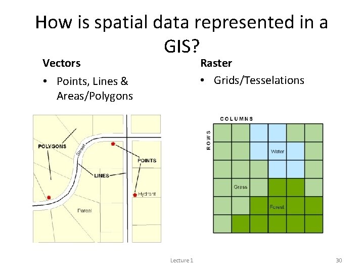 How is spatial data represented in a GIS? Vectors Raster • Grids/Tesselations • Points,