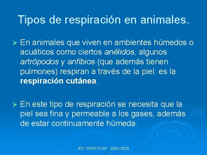 Tipos de respiración en animales. Ø En animales que viven en ambientes húmedos o