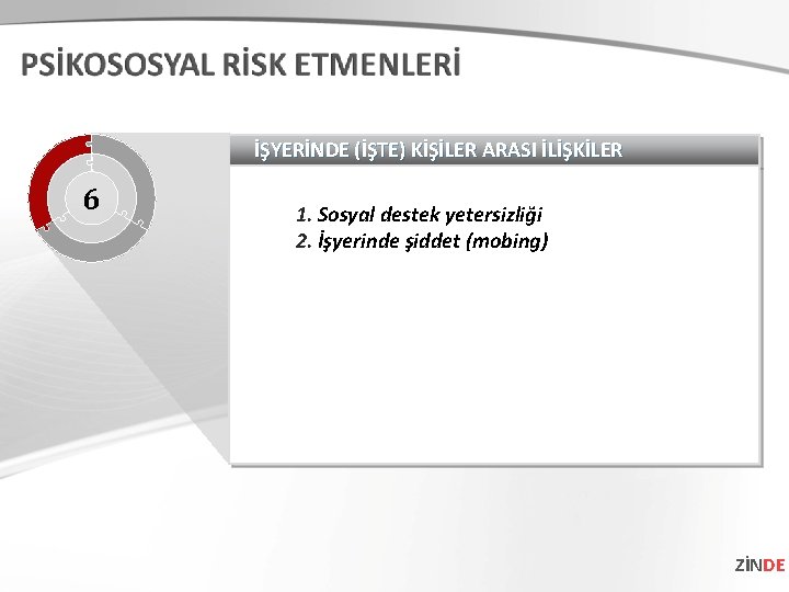 İŞYERİNDE (İŞTE) KİŞİLER ARASI İLİŞKİLER 6 1. Sosyal destek yetersizliği 2. İşyerinde şiddet (mobing)