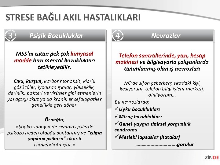 3 Psişik Bozukluklar MSS’ni tutan pek çok kimyasal madde bazı mental bozuklukları tetikleyebilir. Cıva,