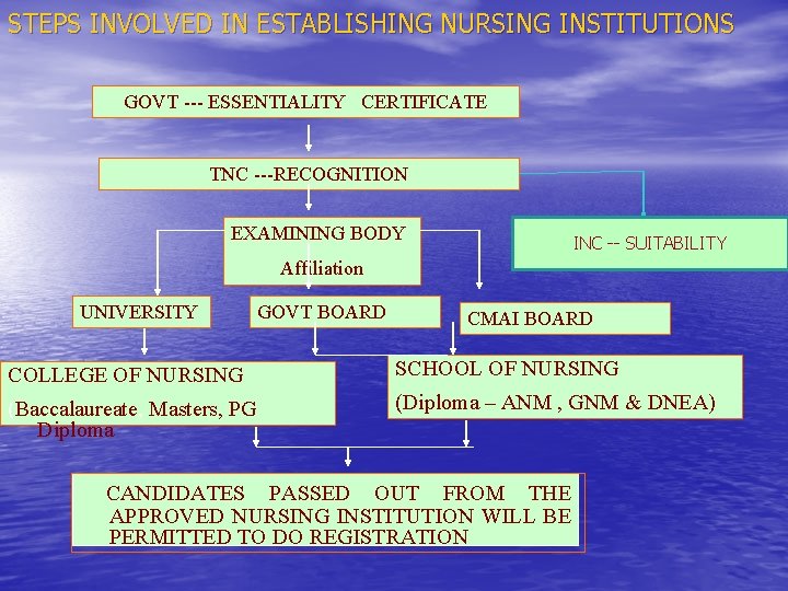 STEPS INVOLVED IN ESTABLISHING NURSING INSTITUTIONS GOVT --- ESSENTIALITY CERTIFICATE TNC ---RECOGNITION EXAMINING BODY STEPS INVOLVED IN ESTABLISHING NURSING INSTITUTIONS GOVT --- ESSENTIALITY CERTIFICATE TNC ---RECOGNITION EXAMINING BODY