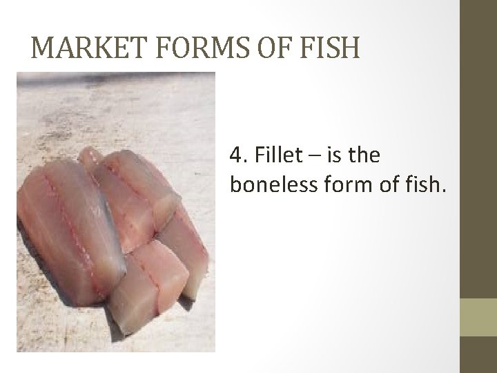 MARKET FORMS OF FISH 4. Fillet – is the boneless form of fish. 