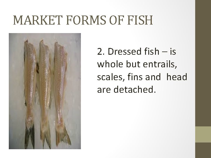 MARKET FORMS OF FISH 2. Dressed fish – is whole but entrails, scales, fins