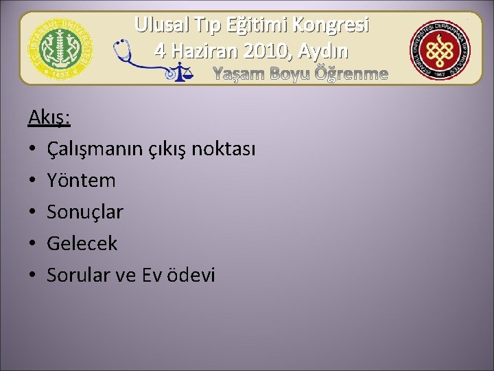 Ulusal Tıp Eğitimi Kongresi 4 Haziran 2010, Aydın Akış: • Çalışmanın çıkış noktası •