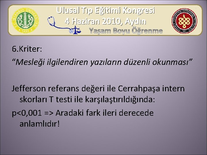 Ulusal Tıp Eğitimi Kongresi 4 Haziran 2010, Aydın 6. Kriter: “Mesleği ilgilendiren yazıların düzenli