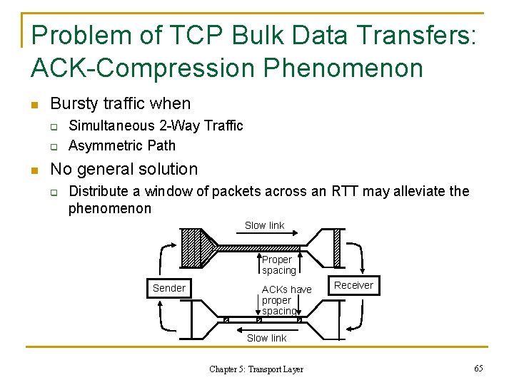 Problem of TCP Bulk Data Transfers: ACK-Compression Phenomenon n Bursty traffic when q q Problem of TCP Bulk Data Transfers: ACK-Compression Phenomenon n Bursty traffic when q q